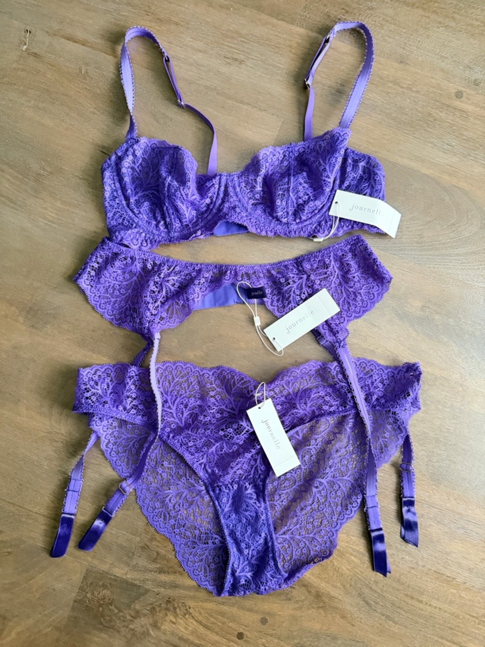 NWT | JOURNELLE Allegra 3 Pcs Set Bra Bikini Suspender Belt Hyacinth Size 36C XL